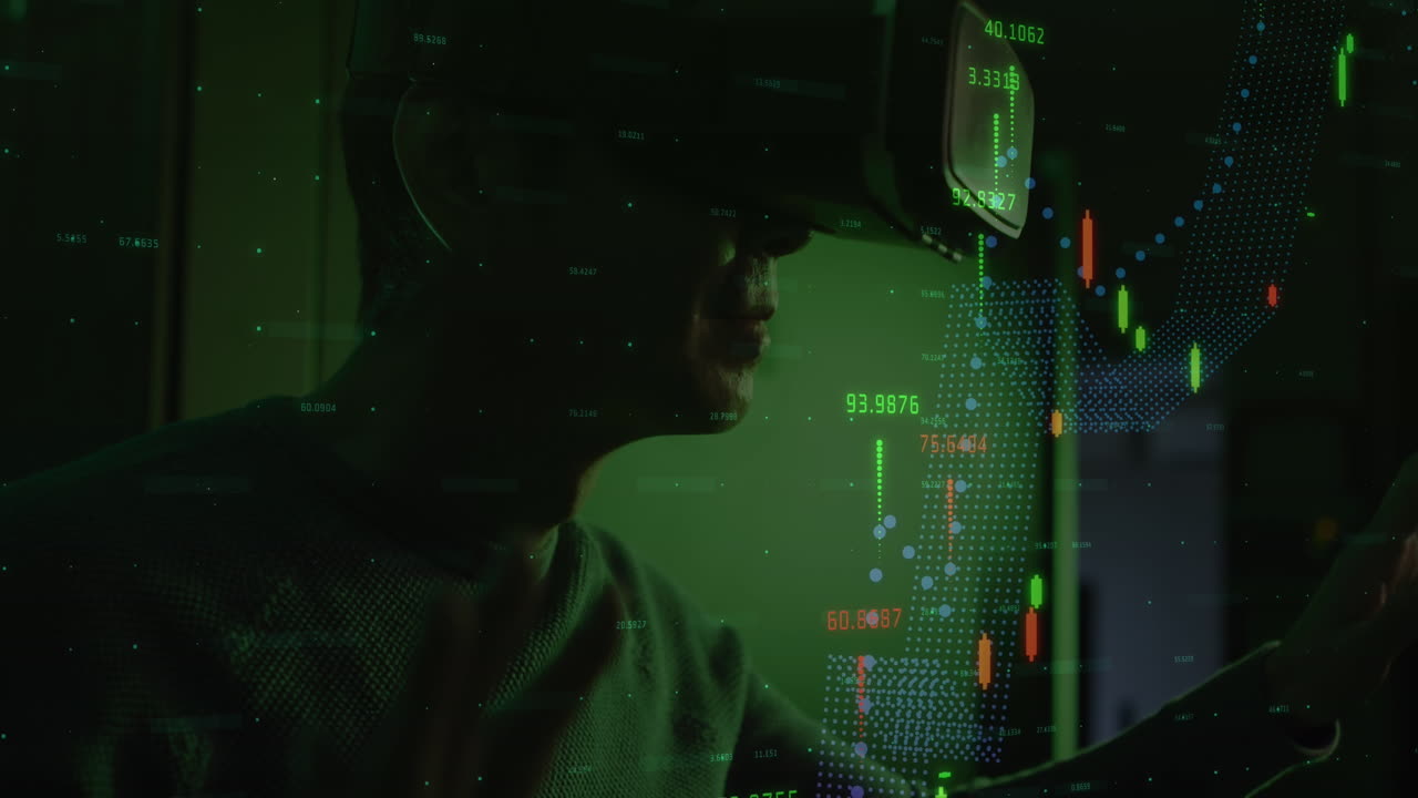 animación de datos sobre un ingeniero informático asiático con auriculares vr por un servidor informático