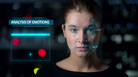 futuristic biometrical emotions analysis. closeup woman face biometrics research