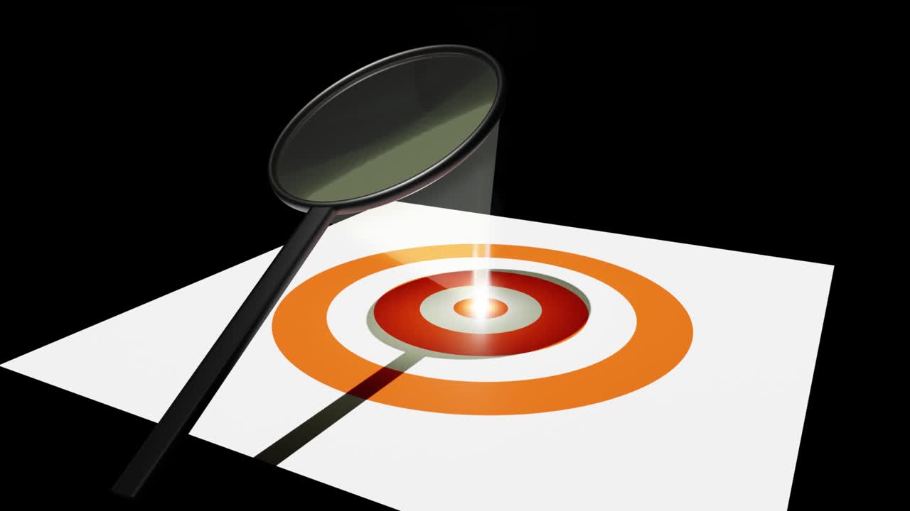 Animated video that focuses light on the target with a lens and burns it