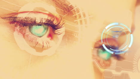 animation of digital interface and clock over woman's eyes