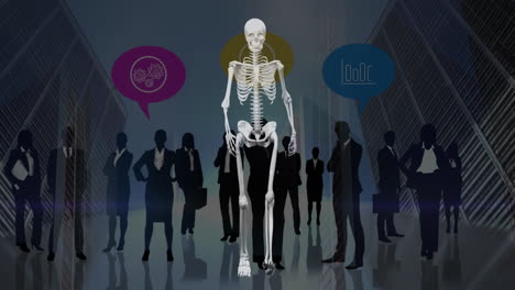 animation of human skeleton and businesspeople silhouettes over servers