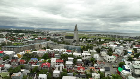 lutheran church of hallgrímur iceland aerial view in reykjavik grey cloudy sky