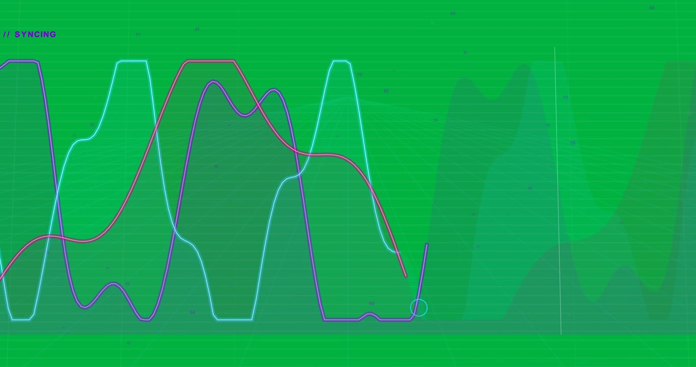Linee al neon che appaiono a sinistra tracciando creste ciano-magenta-viola su sfondo trasparente che mostra dati