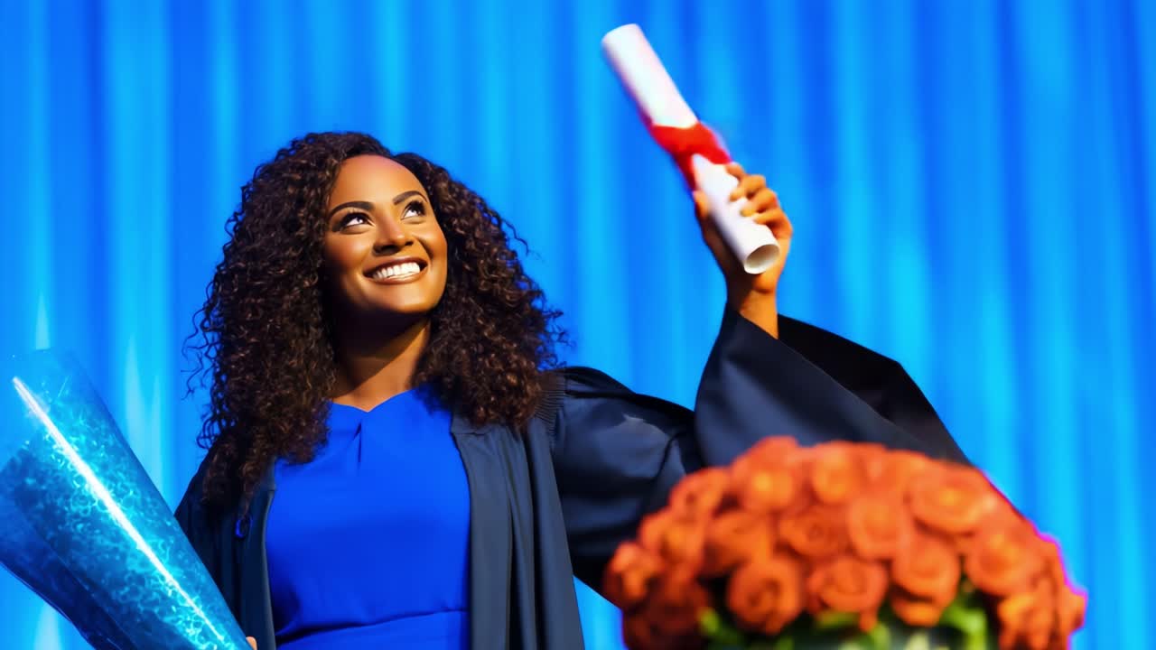 A Proud Graduate in a Blue Robe Holding a Bouquet and Smiling Brightly During a Graduation Ceremony Against a Striking Blue Backdrop with Flowers and Celebration Atmosphere
