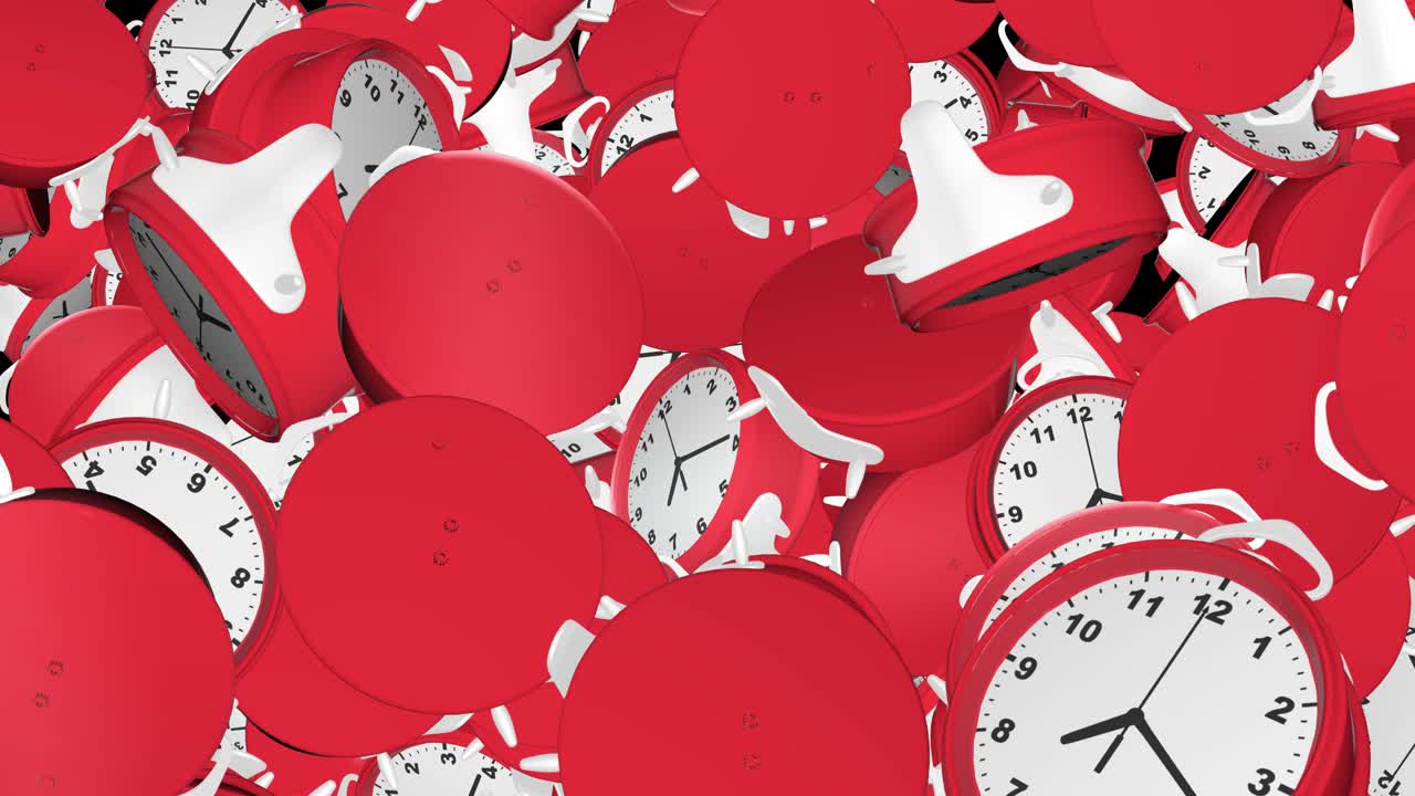 3d of multiple stop alarm clocks falling moving fast time passing fast ringing alarm clock deadline