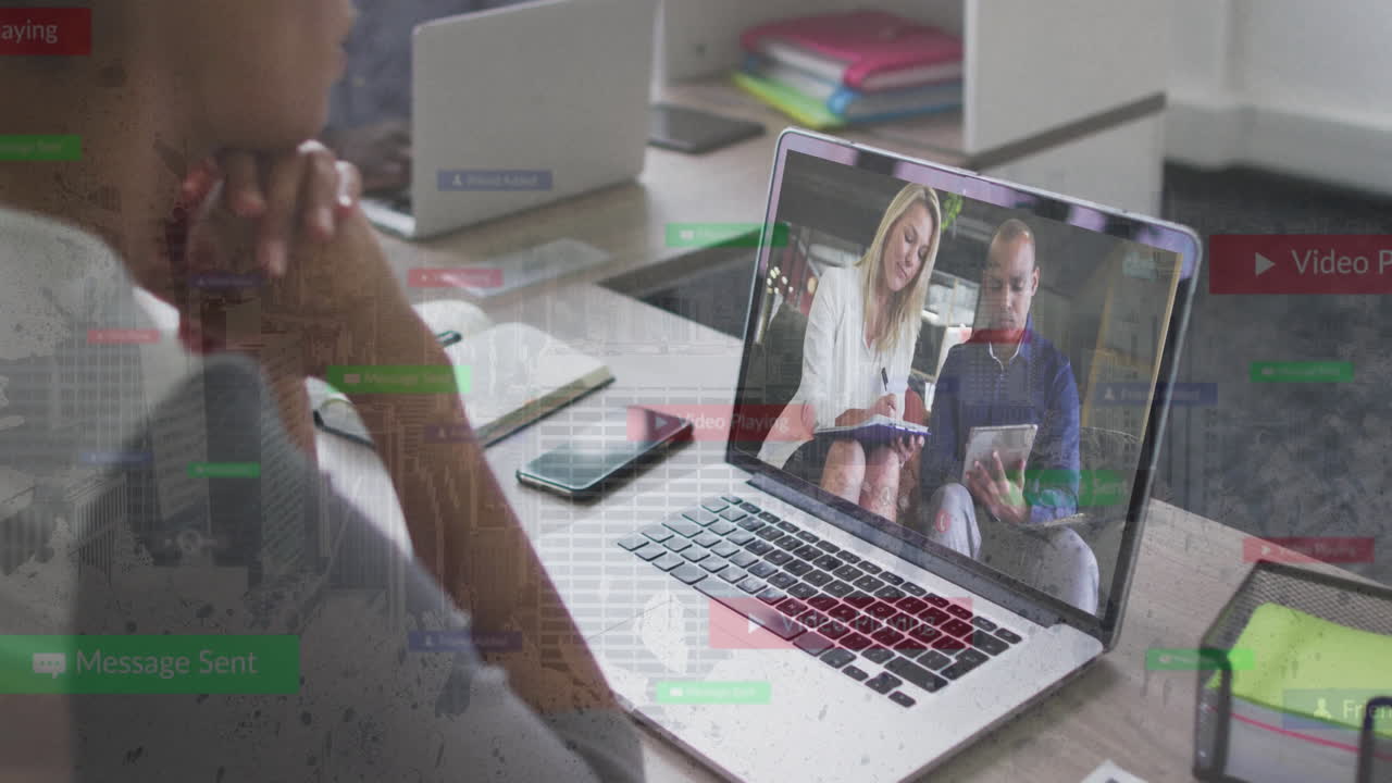 Video conferencing on laptop with digital communication animation in school setting