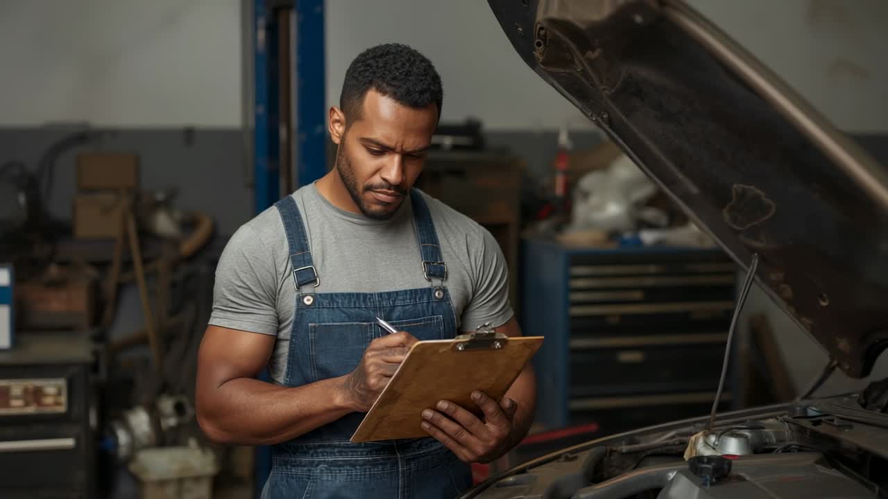 Mechanic starting clipboard checking and inspecting engine bay, writing observations in repair shop