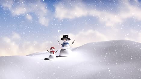 Animation-of-snow-falling-over-smiling-snowmen-in-winter-scenery