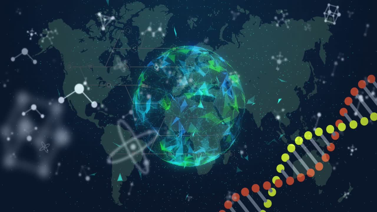 Animation of dna strand spinning and molecules over globe and world map
