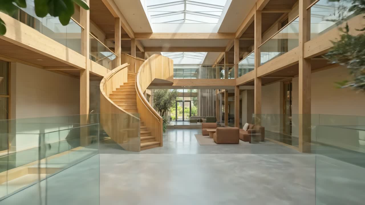Spacious Modern Interior with Wooden Spiral Staircase and Indoor Trees