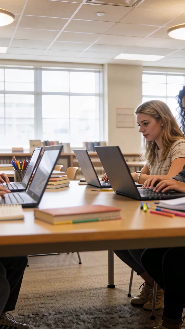 Video verticale: Studente biondo che digita, chinato in avanti in biblioteca mentre studia, con laptop e quaderni.