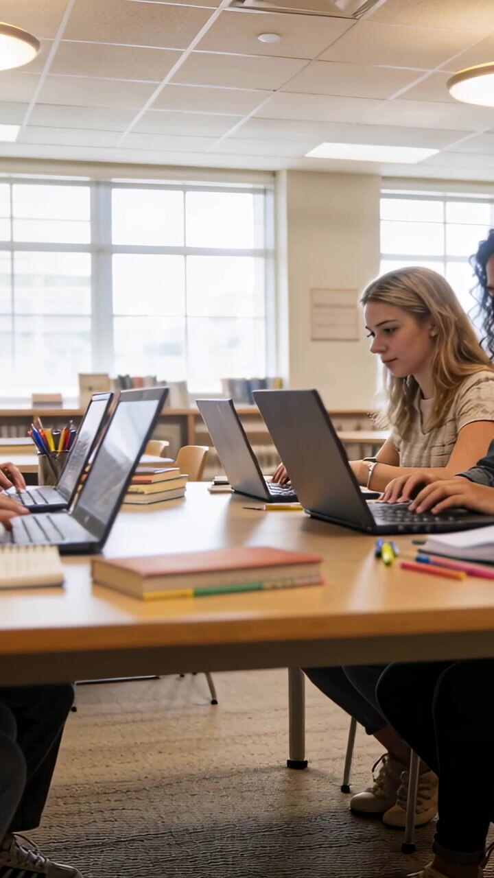 Video verticale: Studente biondo che digita, chinato in avanti in biblioteca mentre studia, con laptop e quaderni.