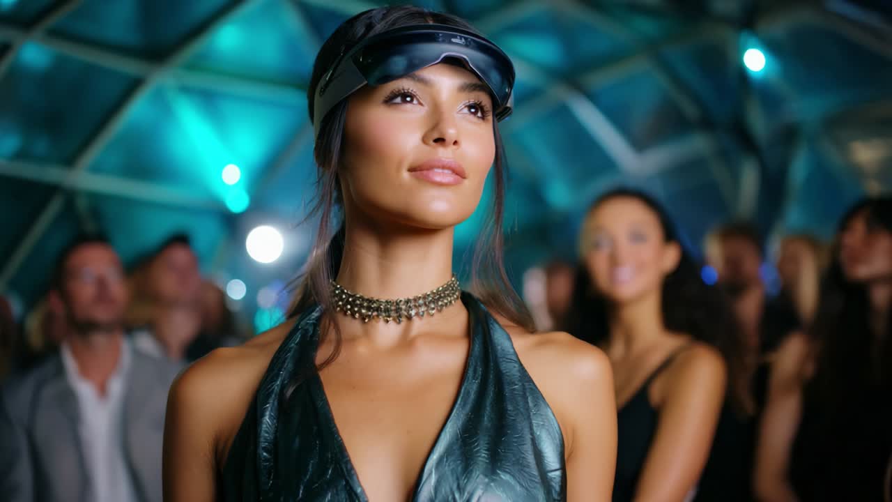 A captivating woman showcases modern elegance and style in a vibrant atmosphere, drawing attention with her striking features and fashionable outfit, surrounded by an energetic crowd at an upscale gathering