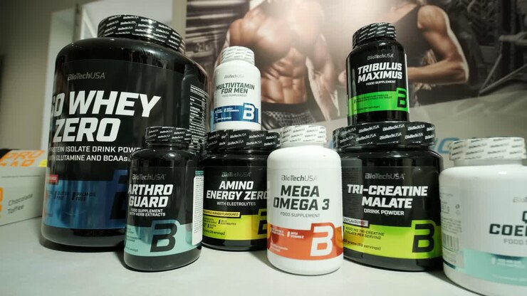 Sport nutrition store interior with large choice of nutritional supplements.