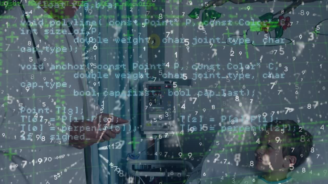 Animation of data processing over woman using laptop