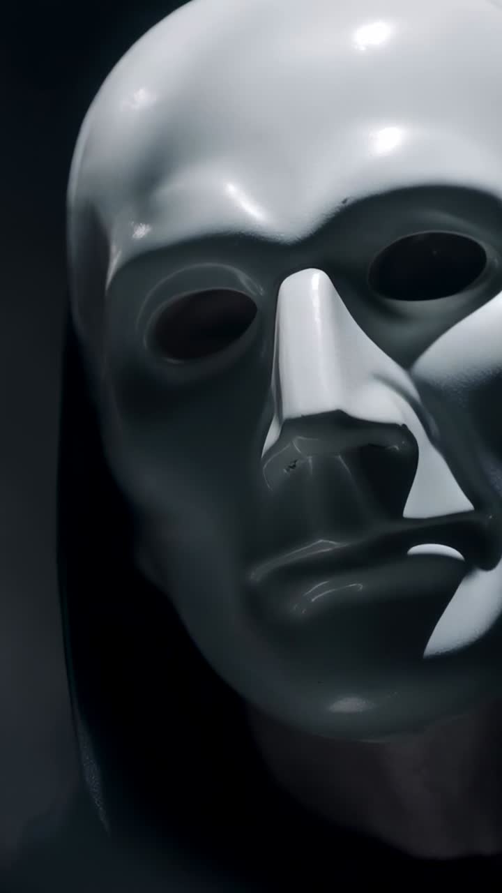 Dikey video: Loş alanda hafifçe dönen, yumuşak ışık hareket ettikçe eğilen kapüşonlu parlak maske