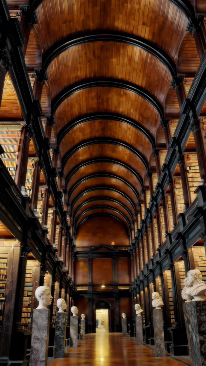 Grand Library Hall with Classical Busts and Extensive Book Collections