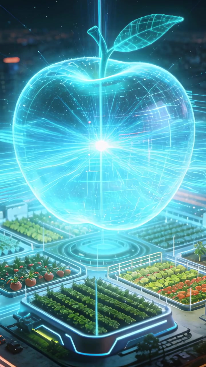 Vertical video: Hovering holo apple pulsing above hub at farm, sending light beam showing crop data