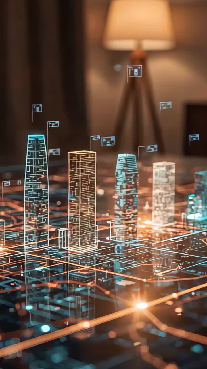 Vertical video: Glowing holographic cityscape model pulsing under tripod lamp, data tags rising