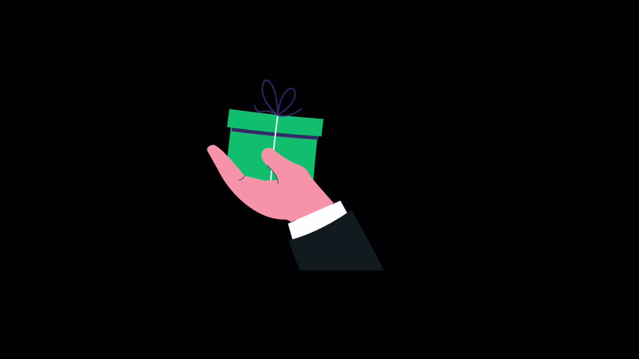 Animierte Hand, die eine grüne Geschenkbox hält