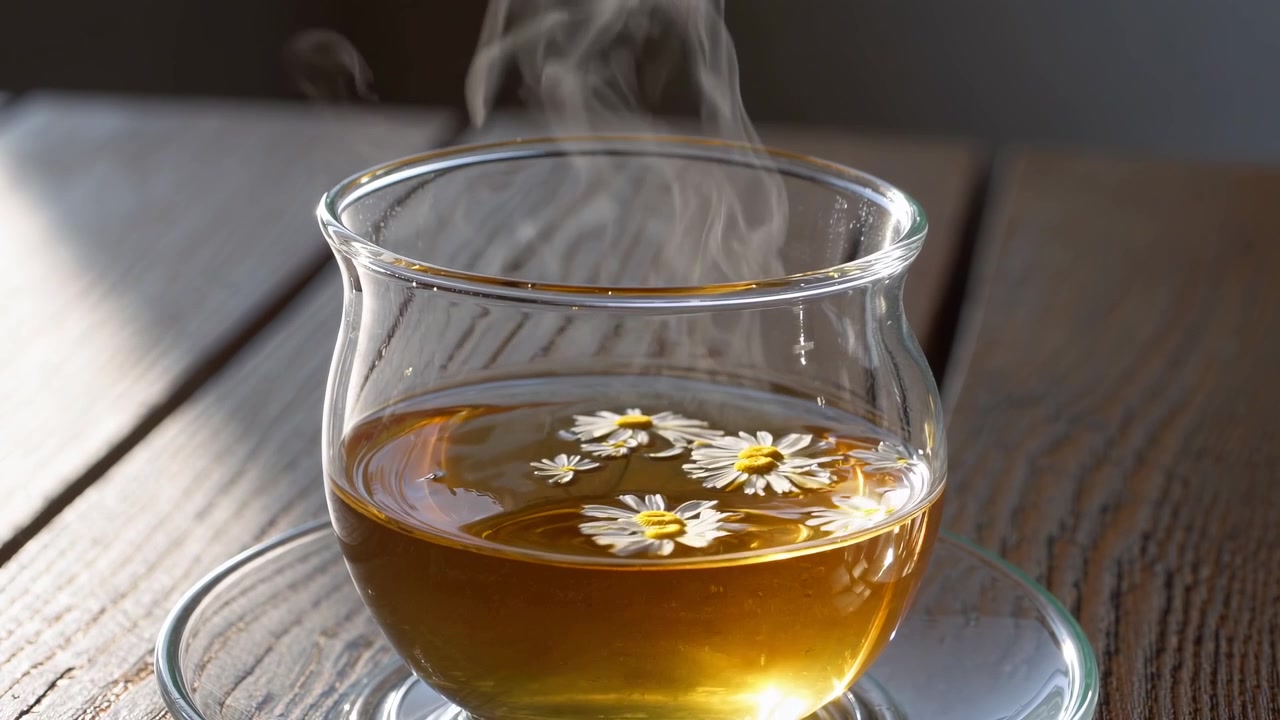 Tazza Fumante di Tisana alla Camomilla con Fiori Galleggianti