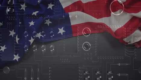 Animation-of-computer-circuit-board-with-data-processing-and-flag-of-usa