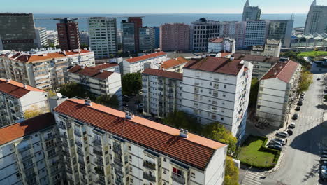 Aerial view over apartment buildings in the Moscavide district, in sunny Lisbon