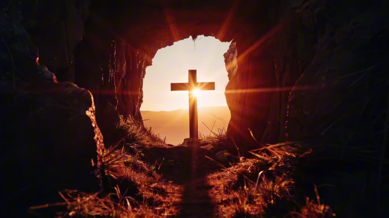 Silhouette of a cross in a cave entrance at sunset, low-angle shot