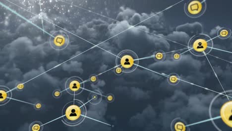 Animation-of-network-of-digital-icons-against-dark-clouds-in-the-sky