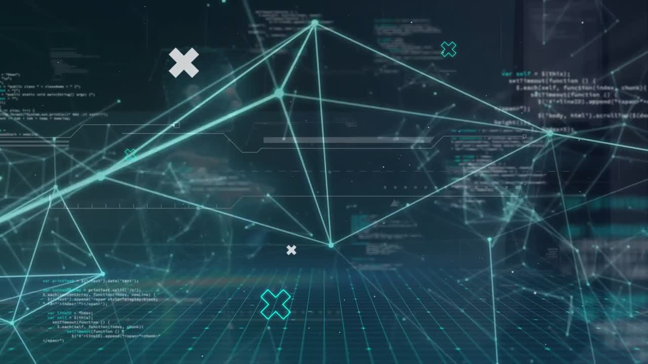 Animation of network of connections and data processing against blue background