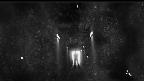 animation of damaged black and white film of scary figure backlit in doorway of dark corridor