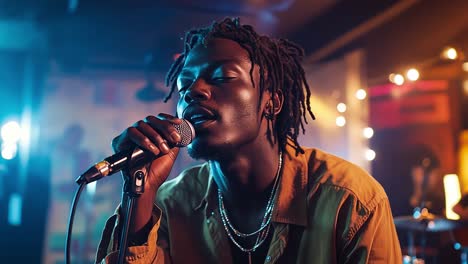 an african american singer performing on stage with a microphone