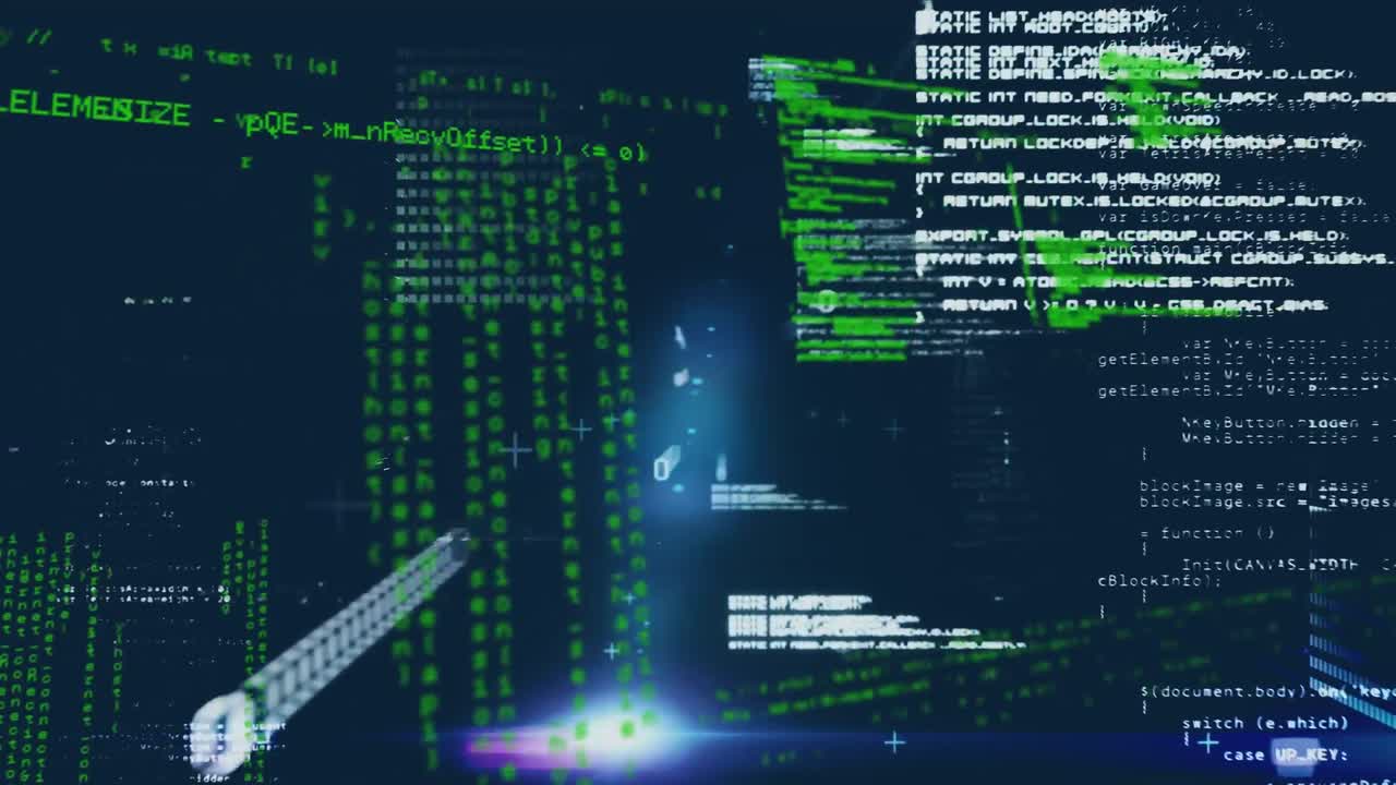 Animation of data processing and networks of connections over dark background