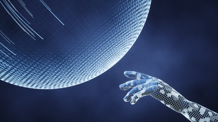 Digital sphere and digital hand with glowing lines structure, 3d rendering.