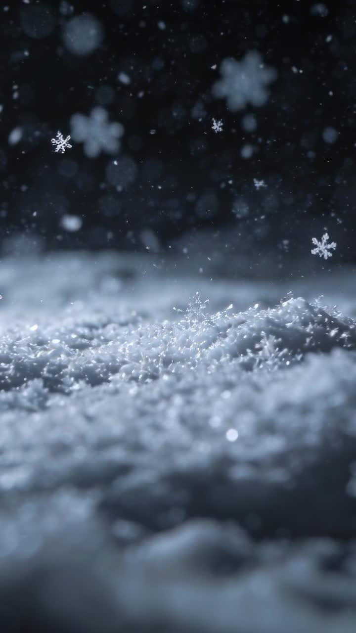 Vertikal video: Snön börjar falla, 6-uddiga flingor lägger sig på lågt liggande snö på natten, täcker marken