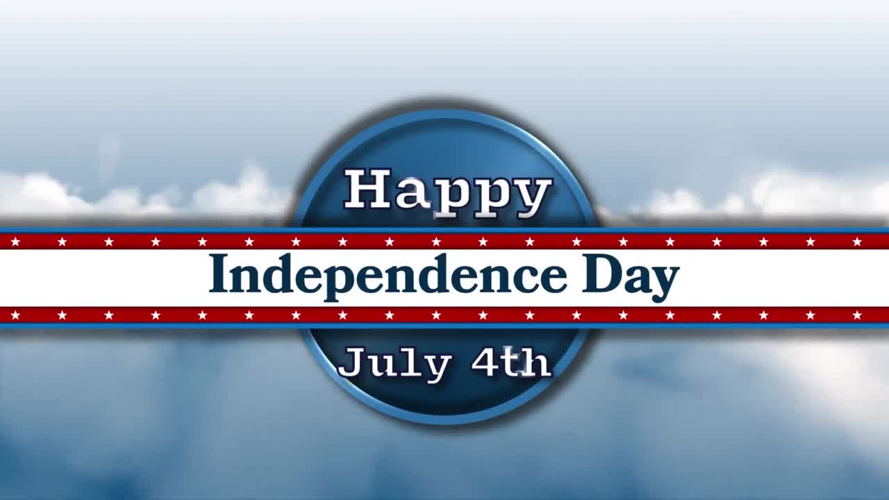 파란 하늘을 배경으로 독립기념일 텍스트 위에 떨어지는 다채로운 콘페티