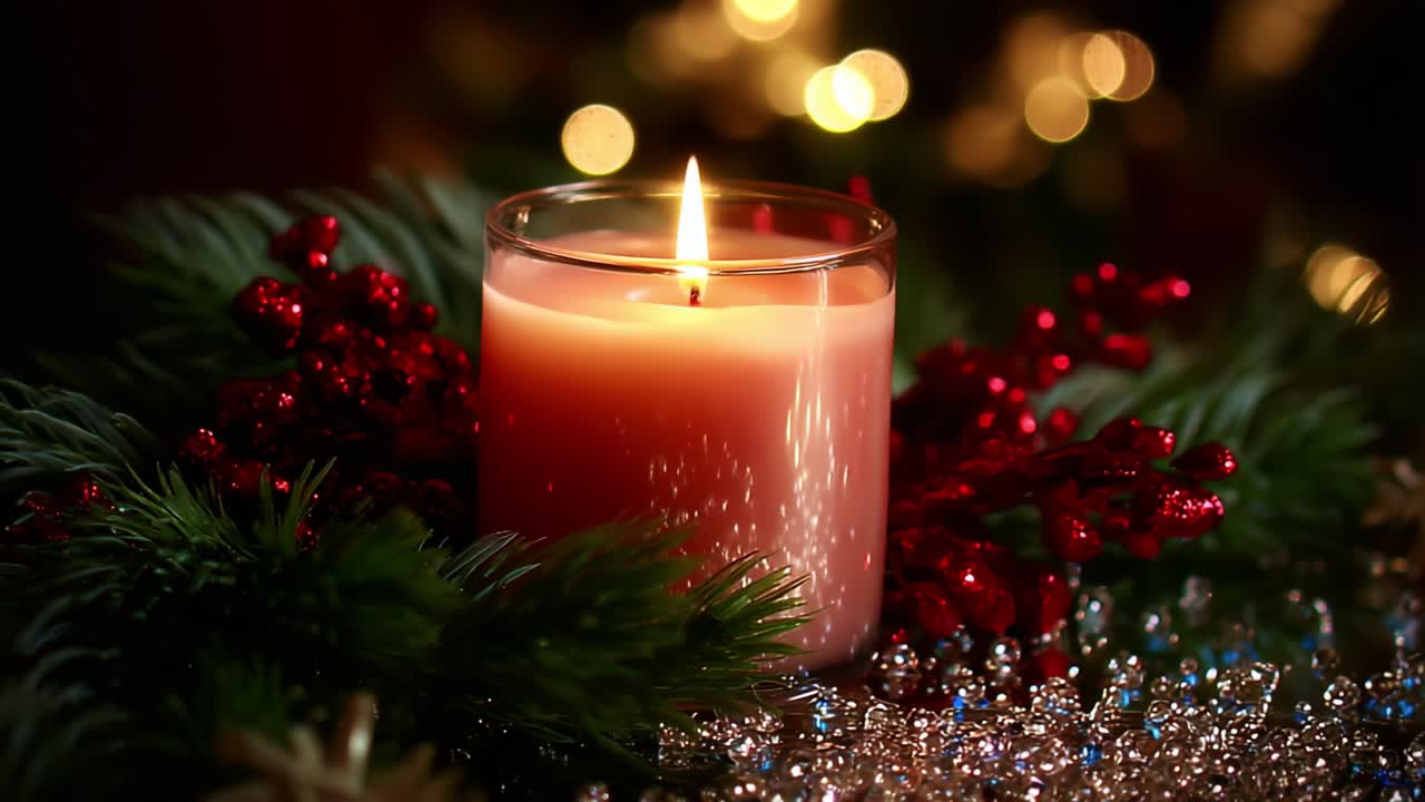 A beautiful decorative candle stands surrounded by festive red berries and lush greenery, creating a warm and inviting ambiance that enhances the holiday spirit during the joyous festive season
