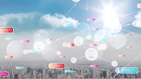 animating digital network connections and data points over cityscape