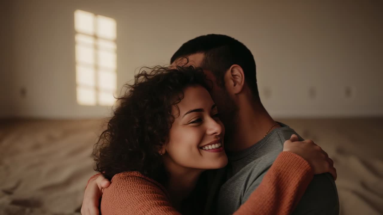 Leaning couple hugging, nuzzling, smiling in room, orange sweater grey shirt chain bed window light