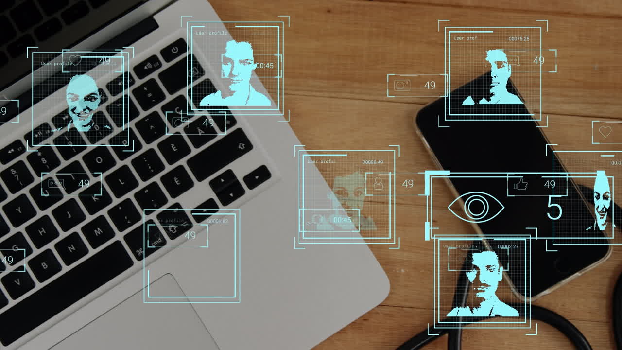 animación de los iconos de las personas sobre el portátil y el teléfono inteligente en la mesa