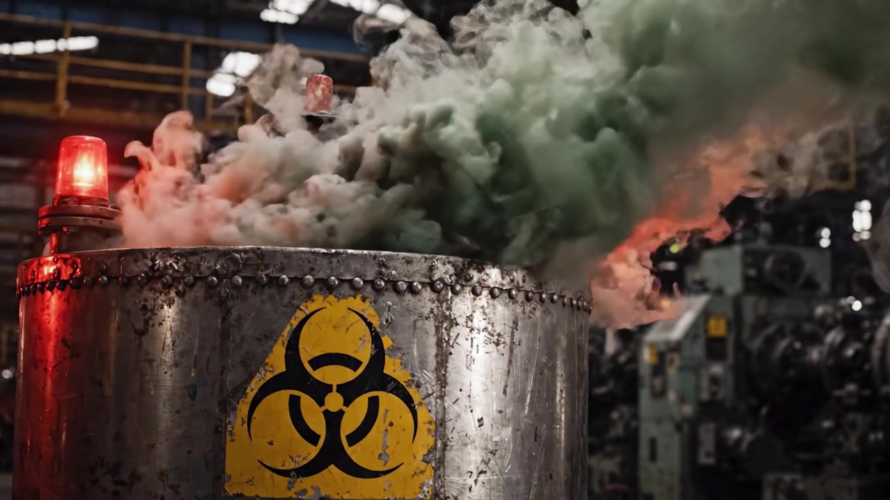 Advarsel om farligt affald: Giftige materialer strømmer ud fra industribeholder, hvilket indikerer potentiel fare i et fabriksmiljø.
