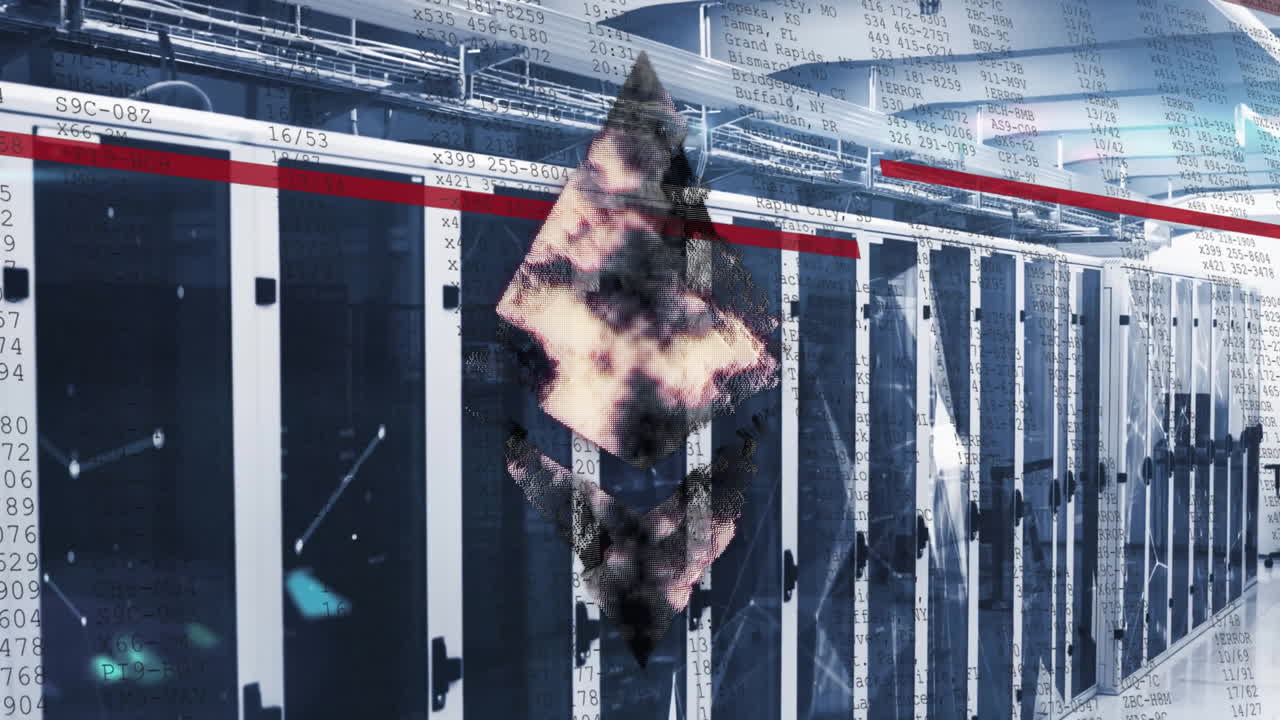 암호화폐의 애니메이션과 컴퓨터 서버를 통해 데이터 처리