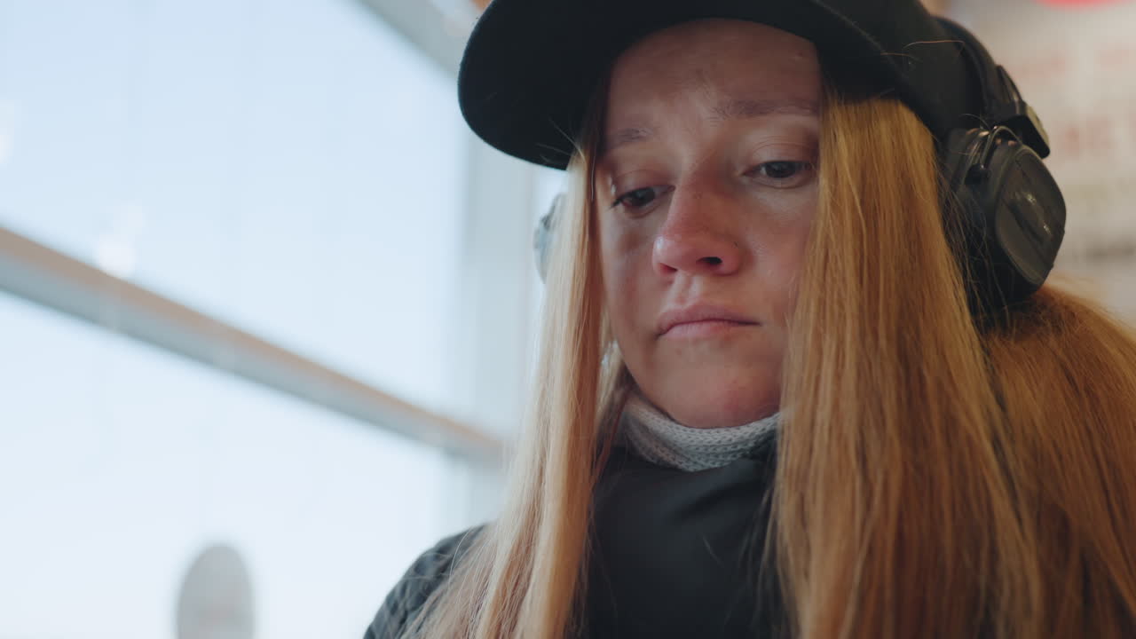 Pendolare bianco con berretto e cuffie che fissa fuori dalla grande finestra di un terminal affollato, lunghi capelli rossi nascosti nel cappotto e nella sciarpa, sottili espressioni ansiose, sguardi verso la folla, primi piani cinematografici, freddo