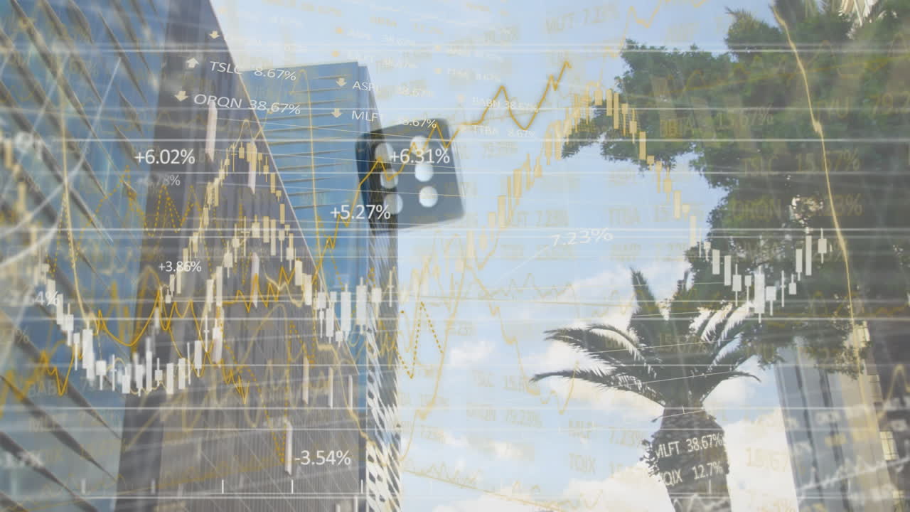 animación de estadísticas con procesamiento de datos con un dado negro que cae sobre un paisaje urbano