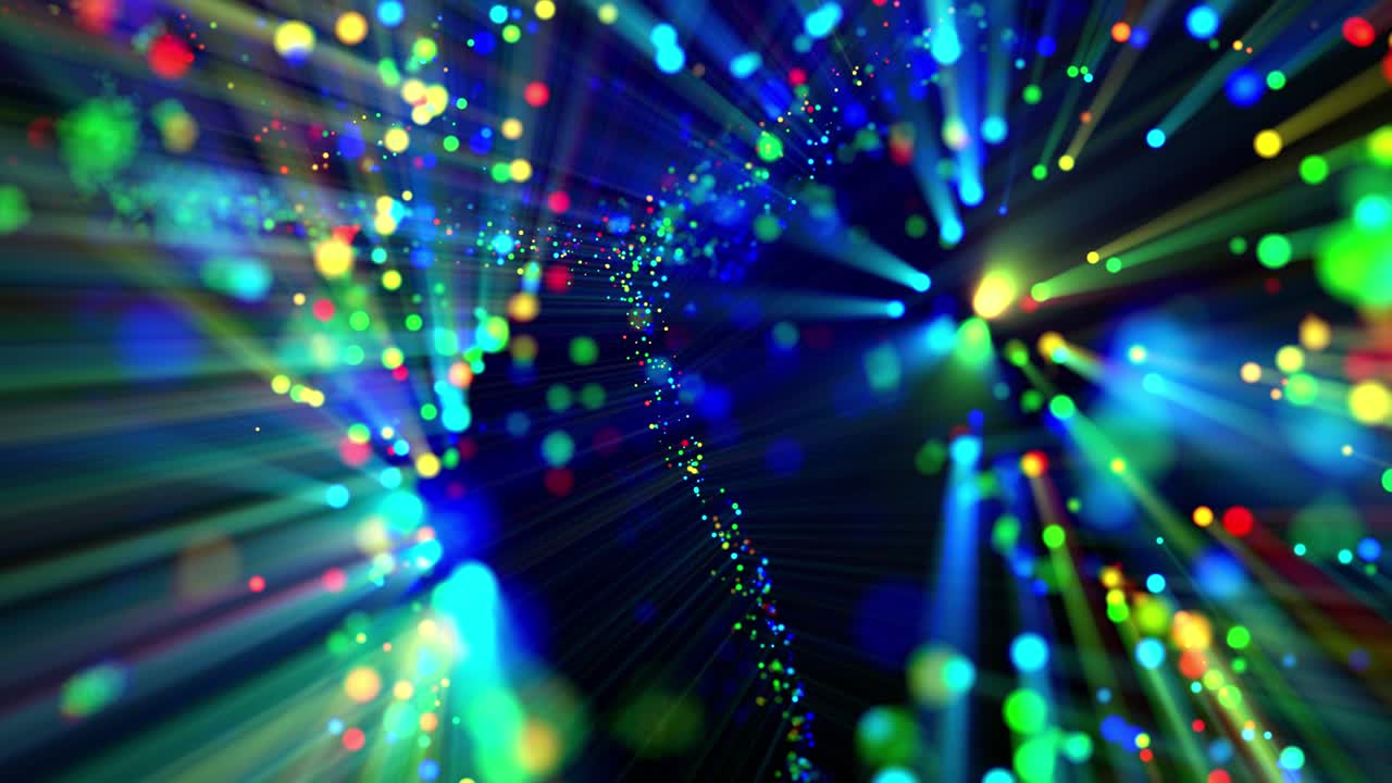 impresionante bg con partículas mágicas flotan en líquido, rayos de luz como espectáculo de láser, efectos de luz y bokeh, dof. partículas multicolores brillantes círculo bajo el agua formando nube. luma mate como canal alfa.