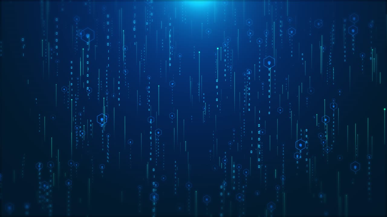 Futuristic motion vertical binary codes and ascending hexagonal rings use of digital lock icons