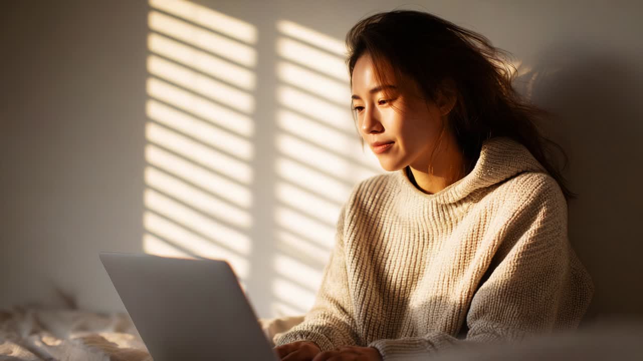 A young woman sits comfortably in a softly lit room, working intently on her laptop as sunlight bathes her in warm tones, highlighting a moment of focus amidst the gentle ambiance of her surroundings