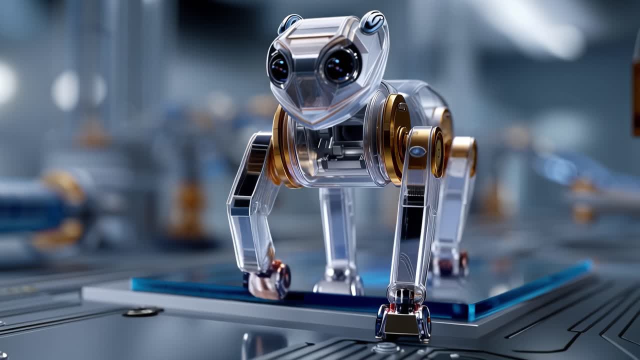 透明でガラスのようなロボットが回路基板の上を歩く。足元からは青い光が脈動している。工業的な背景が未来のテクノロジーを暗示しており、SFやロボットのシーンに最適です。