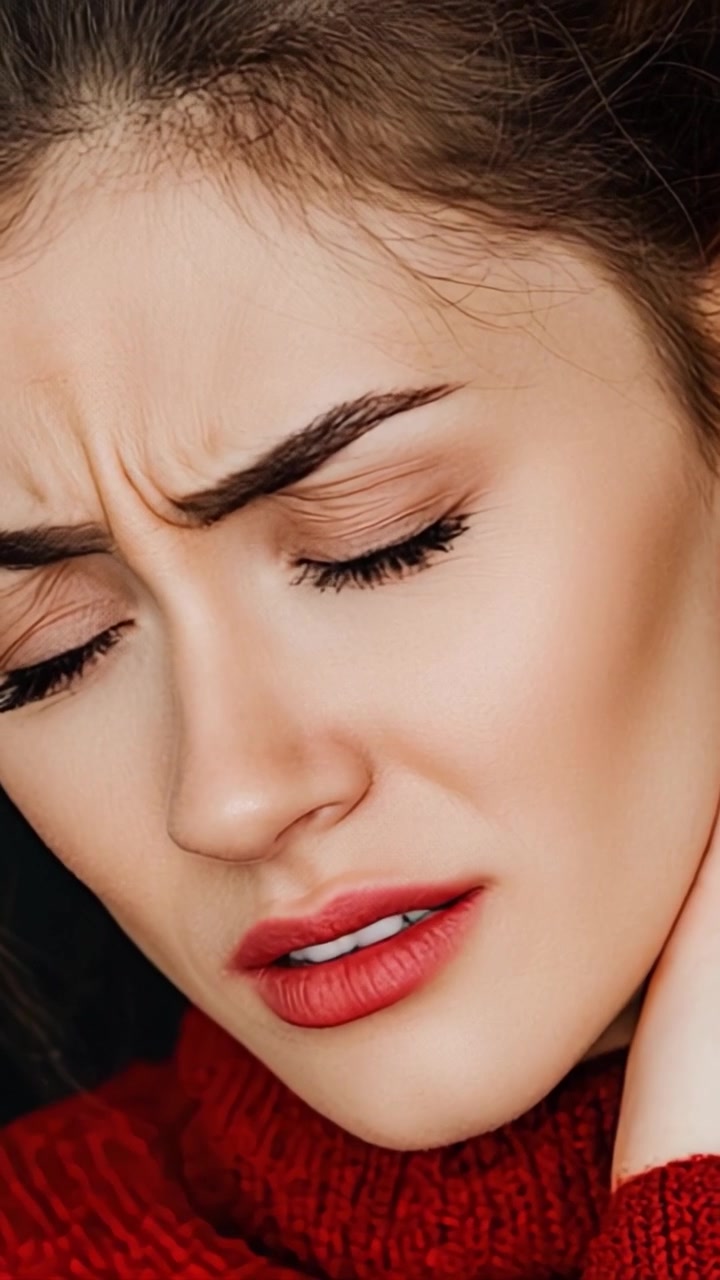 A close-up portrayal of a young woman experiencing discomfort, highlighting her expression of pain and concern, framed by her distinctive features and vibrant red sweater.