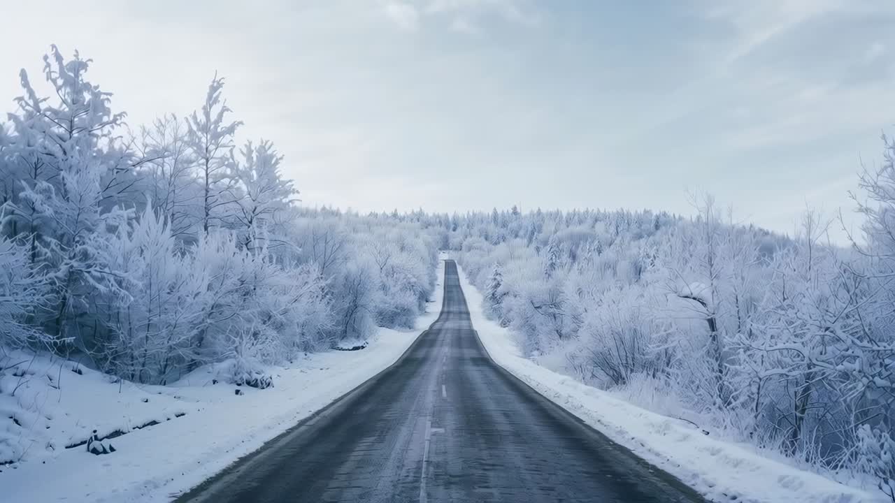Moving camera starting forward along paved two-lane road, guiding view toward distant crest